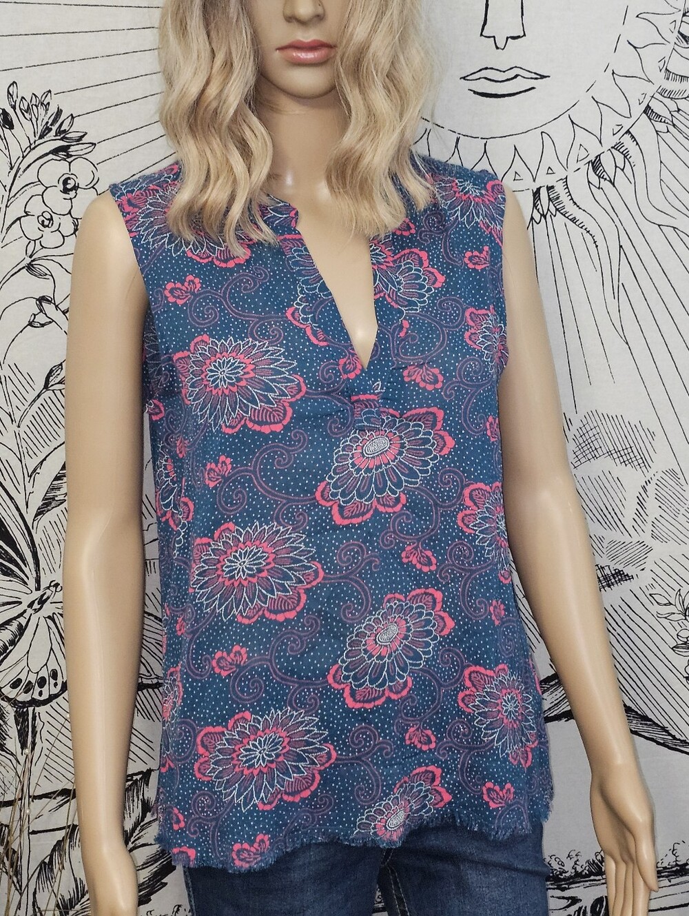 Carve Designs Sleeveless Floral Split-Neck Semi -sheer Organic Cotton Blue Pink